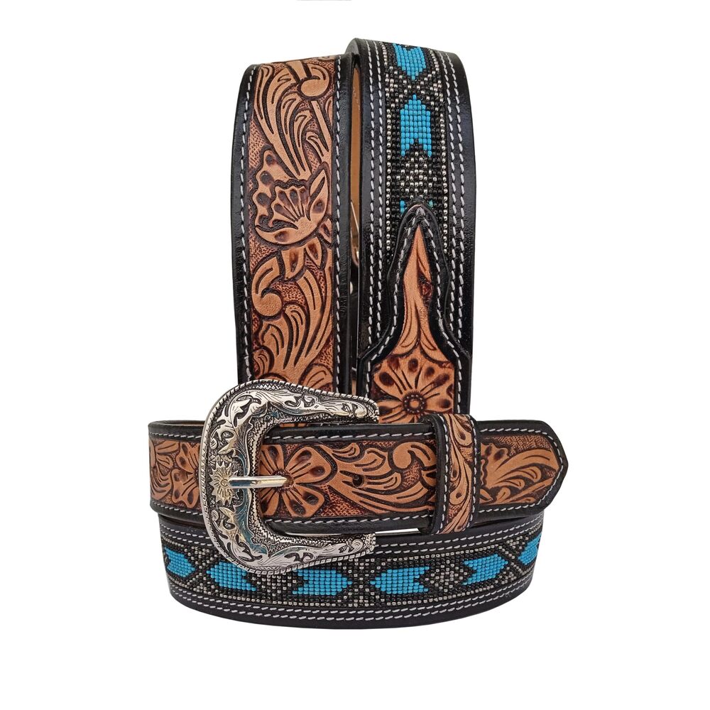 5279 Western Tooled Leather Beaded Belt For Men And Women